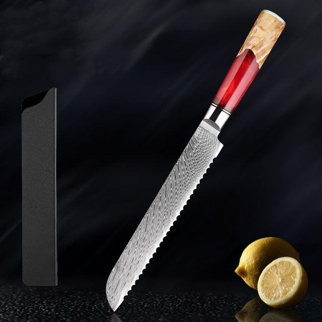 Japanese Damascus Steel Kitchen Knife Set With Coloured Red Handle