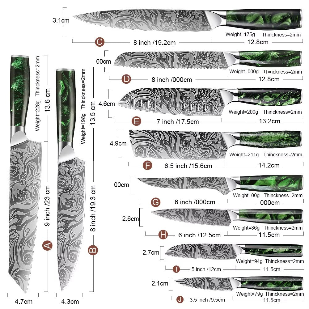 Professional 10-Piece Kitchen Knife Set - Green Resin Handle & High Carbon Steel