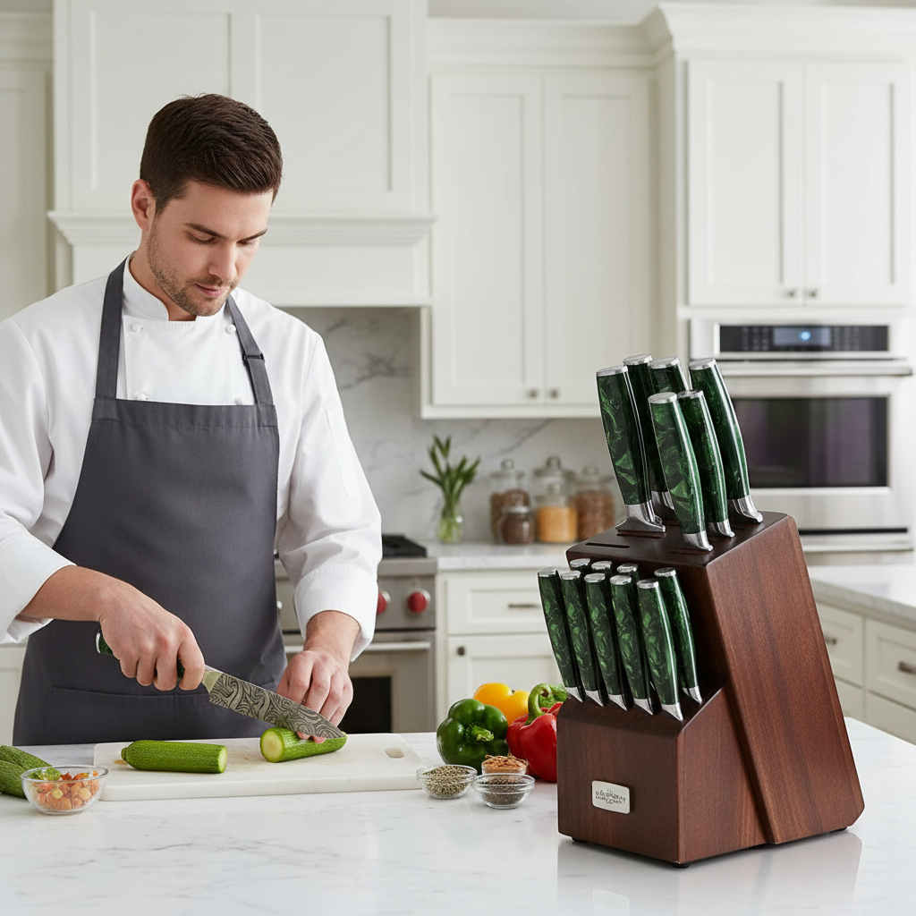 Professional 10-Piece Kitchen Knife Set - Green Resin Handle & High Carbon Steel