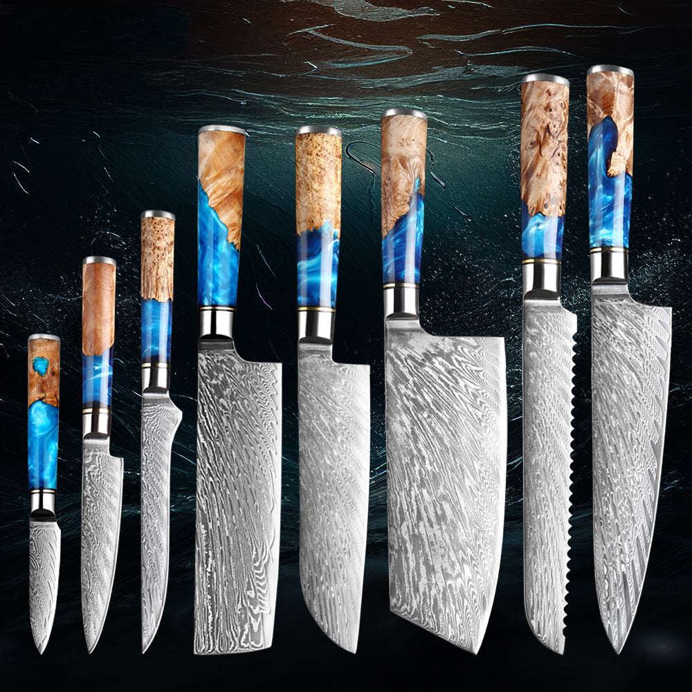 Japanese Damascus Steel Kitchen Knife Set With Resin Handle