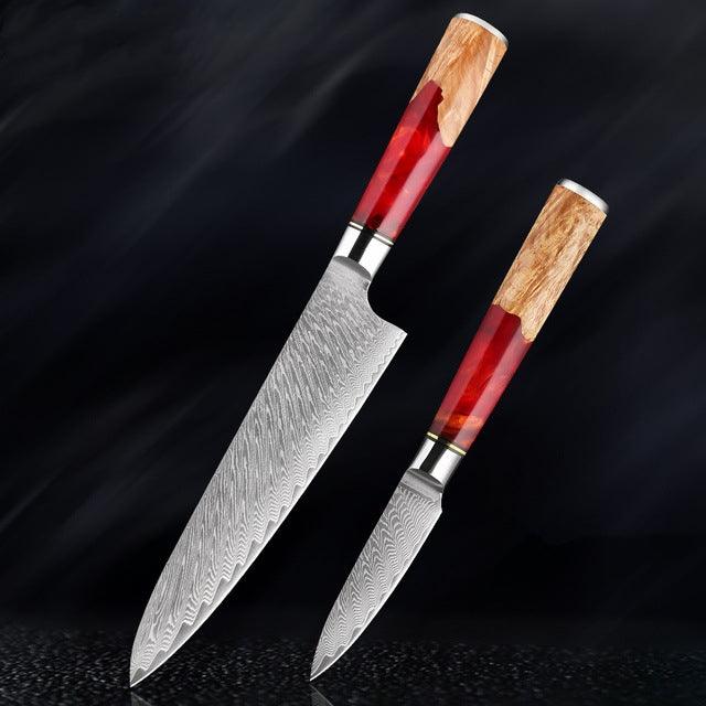 Japanese Damascus Steel Kitchen Knife Set With Coloured Red Handle