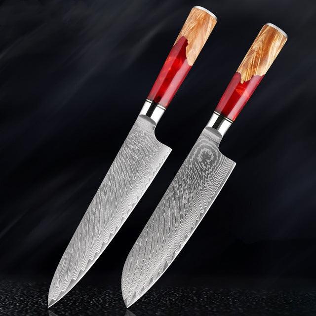 Japanese Damascus Steel Kitchen Knife Set With Coloured Red Handle