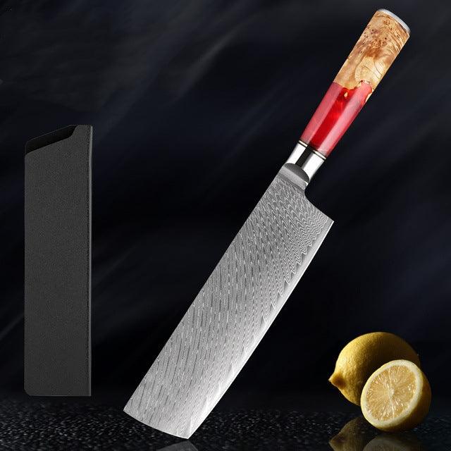 Japanese Damascus Steel Kitchen Knife Set With Coloured Red Handle