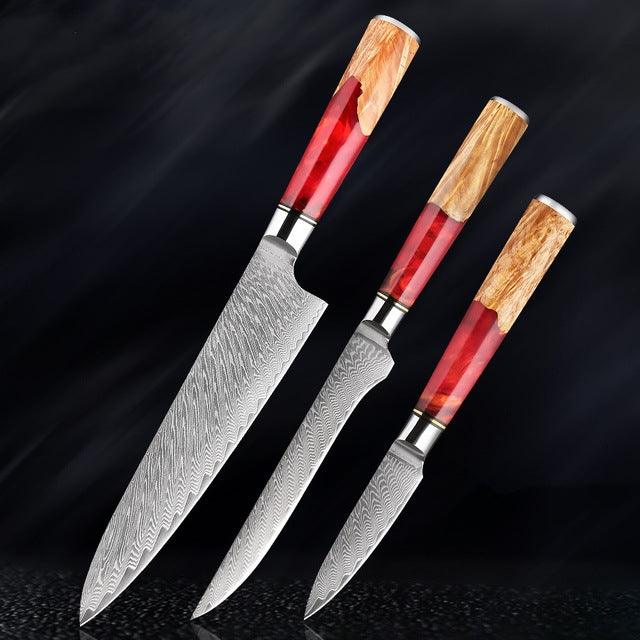 Japanese Damascus Steel Kitchen Knife Set With Coloured Red Handle