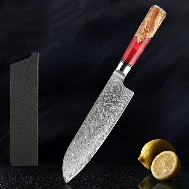 Japanese Damascus Steel Kitchen Knife Set With Coloured Red Handle
