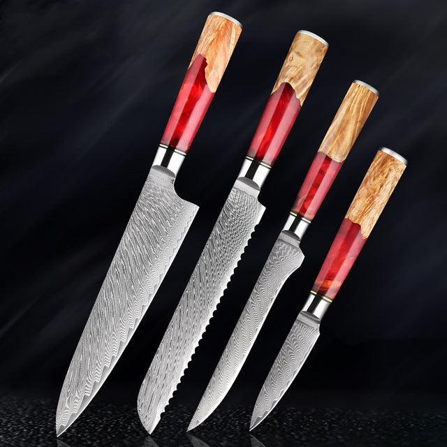 Japanese Damascus Steel Kitchen Knife Set With Coloured Red Handle