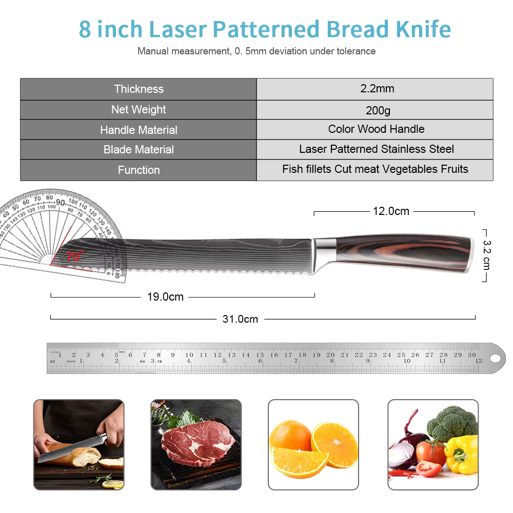 Bread Knife 8 inch Serrated Knife Damascus laser Pattern Steel Bread Knife
