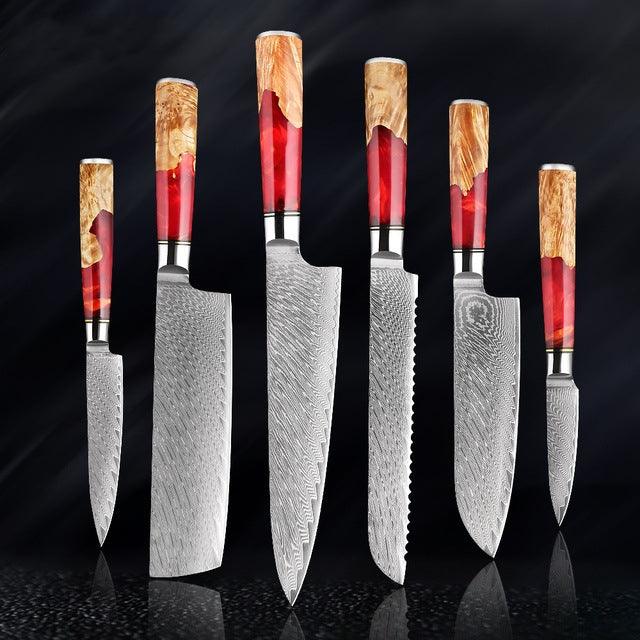 Japanese Damascus Steel Kitchen Knife Set With Coloured Red Handle