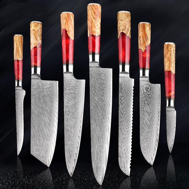 Japanese Damascus Steel Kitchen Knife Set With Coloured Red Handle