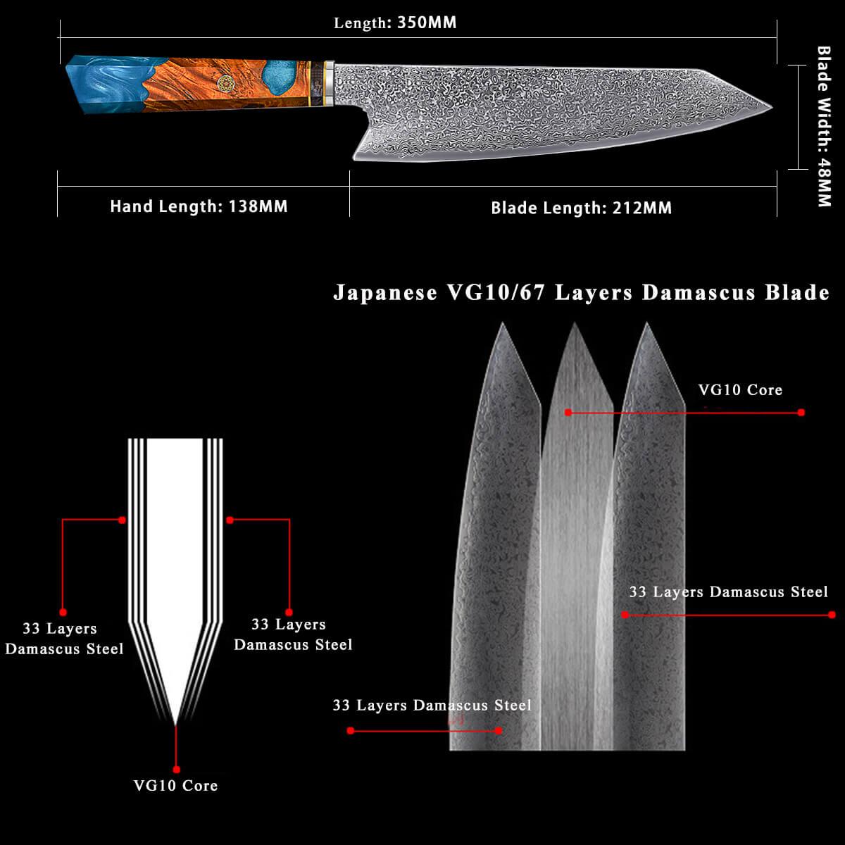 Damascus Chef's Knife, 8" Kiritsuke Knife, Epoxy Resin Solidified Wood