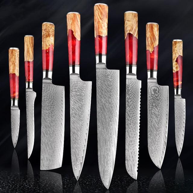 Japanese Damascus Steel Kitchen Knife Set With Coloured Red Handle
