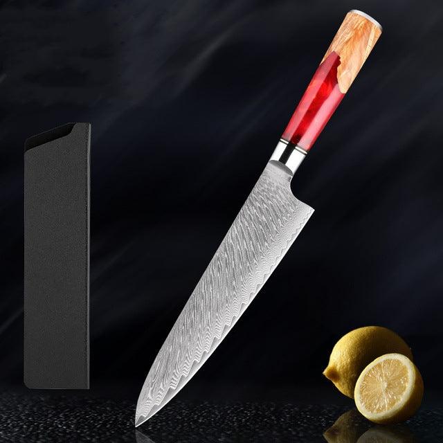Japanese Damascus Steel Kitchen Knife Set With Coloured Red Handle