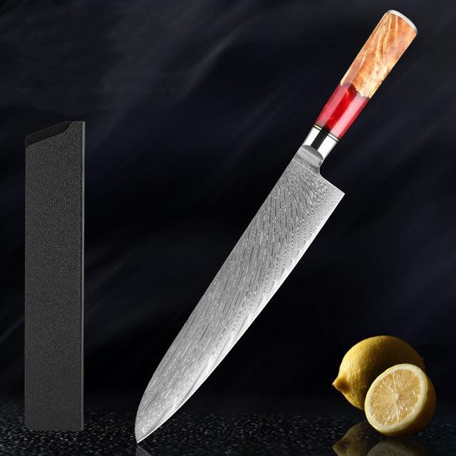 Japanese Damascus Steel Kitchen Knife Set With Coloured Red Handle