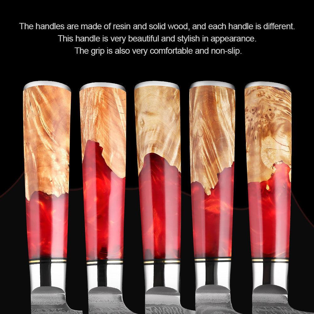 Japanese Damascus Steel Kitchen Knife Set With Coloured Red Handle