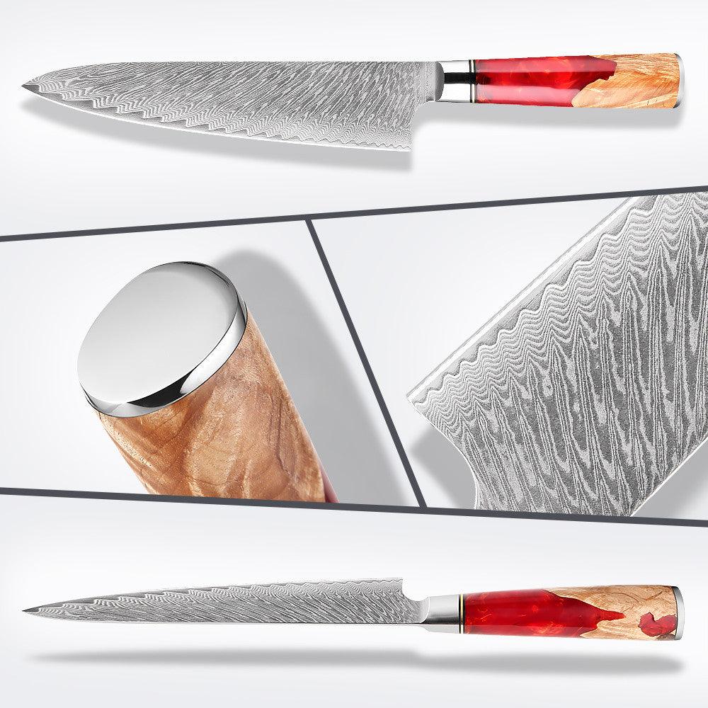 Japanese Damascus Steel Kitchen Knife Set With Coloured Red Handle