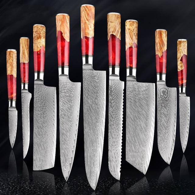 Japanese Damascus Steel Kitchen Knife Set With Coloured Red Handle