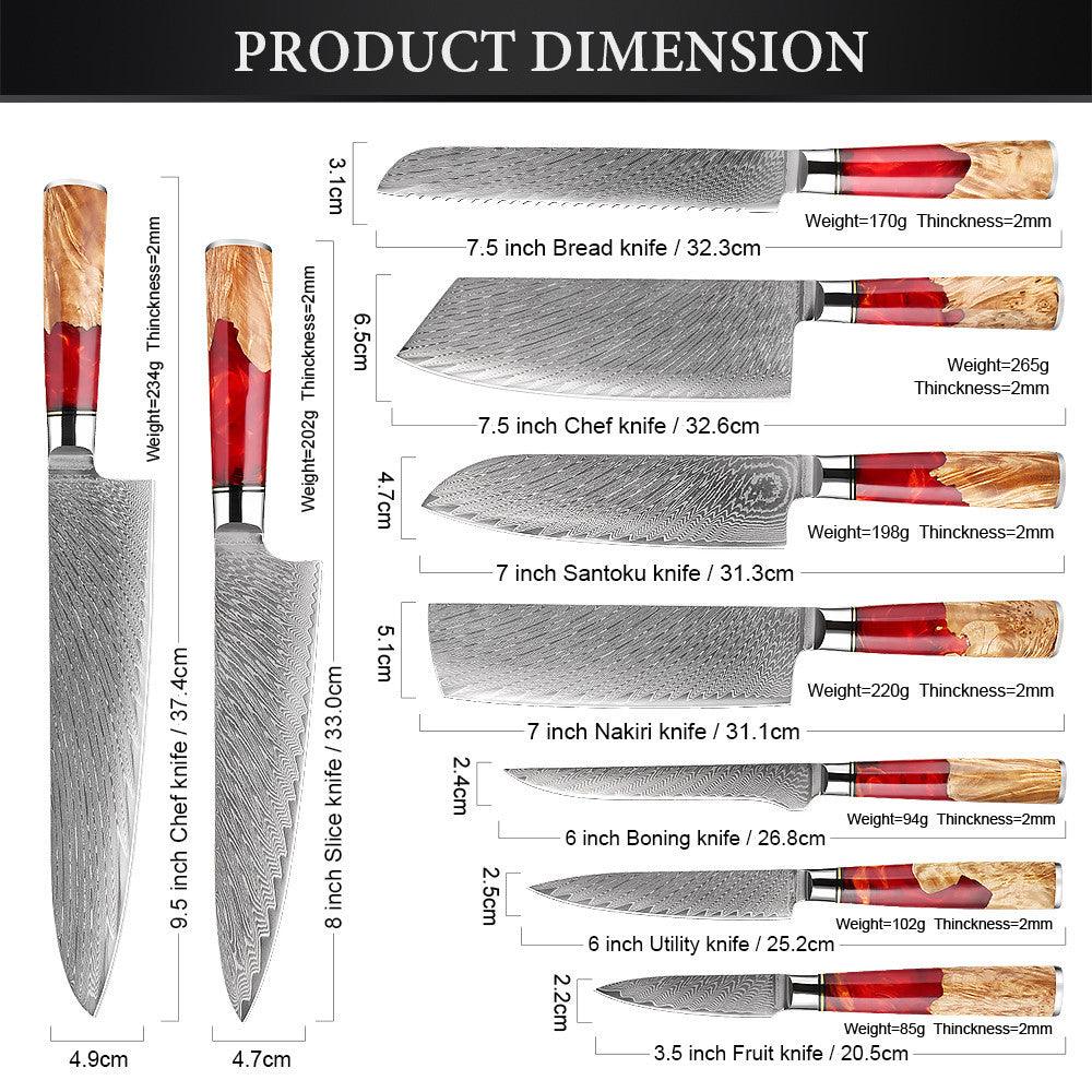 Japanese Damascus Steel Kitchen Knife Set With Coloured Red Handle