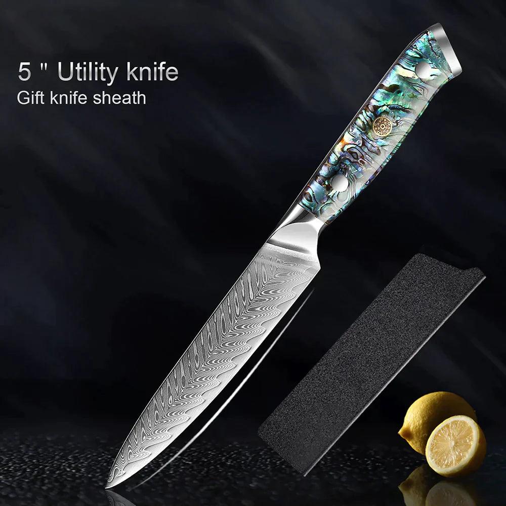 Damascus Steel Kitchen Knife with Abalone Handle