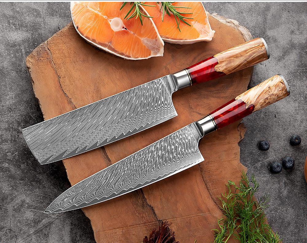 Japanese Damascus Steel Kitchen Knife Set With Coloured Red Handle