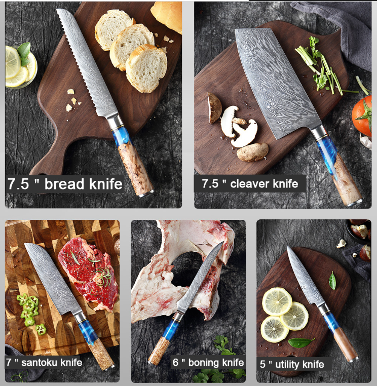 Japanese Damascus Steel Kitchen Knife Set With Resin Handle