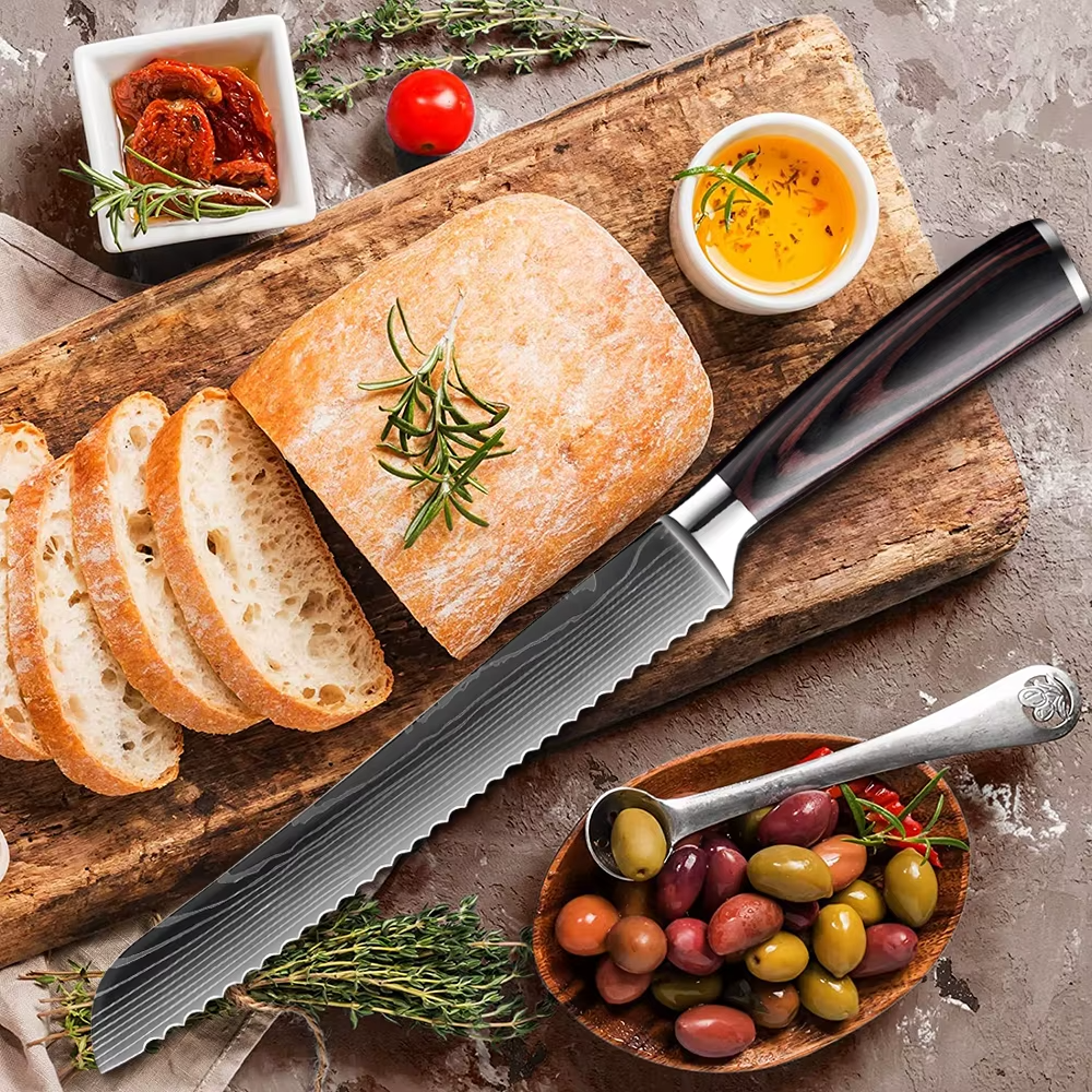 Bread Knife 8 inch Serrated Knife Damascus laser Pattern Steel Bread Knife