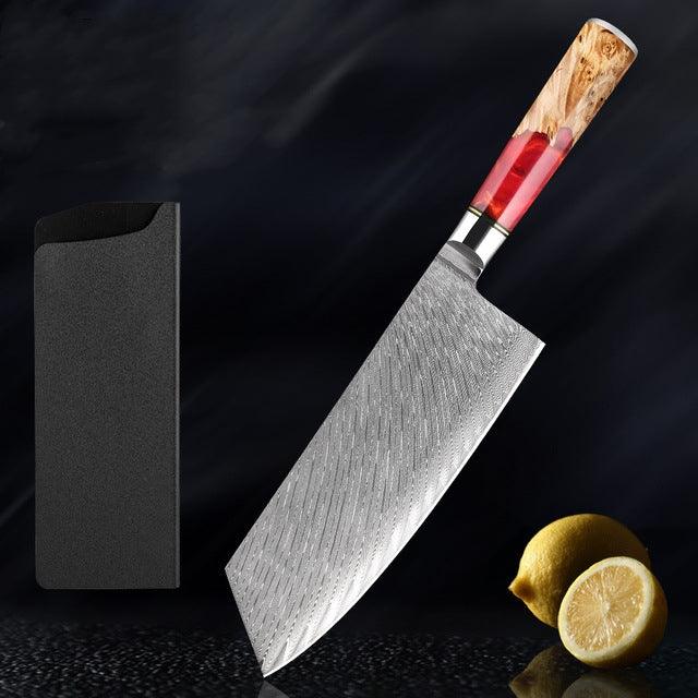 Japanese Damascus Steel Kitchen Knife Set With Coloured Red Handle