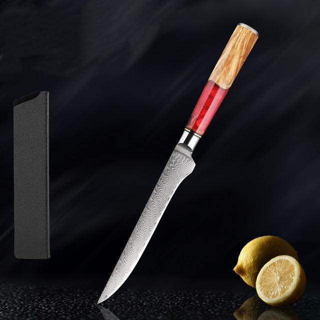 Japanese Damascus Steel Kitchen Knife Set With Coloured Red Handle