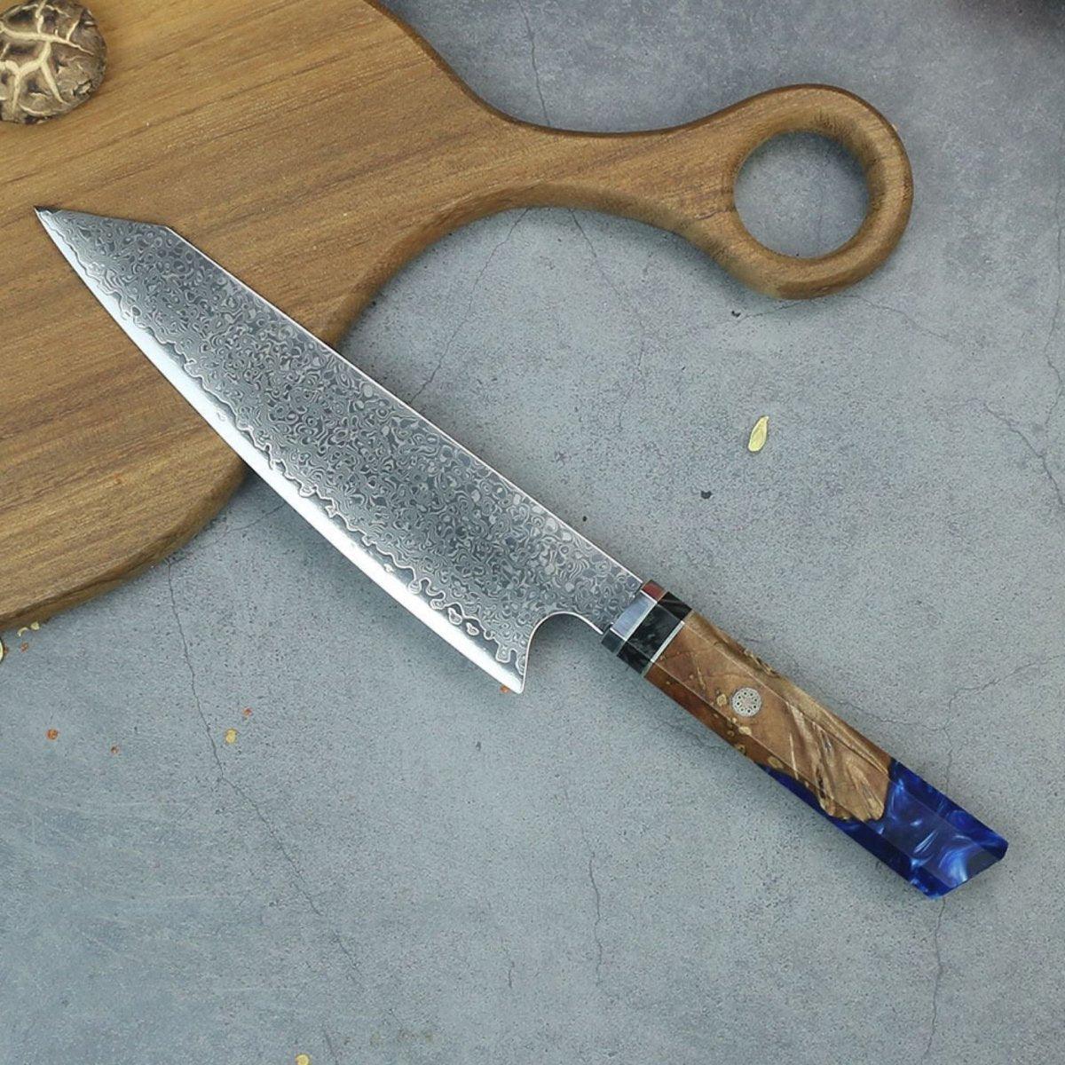 Damascus Chef's Knife, 8" Kiritsuke Knife, Epoxy Resin Solidified Wood