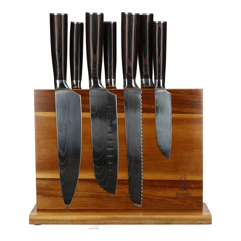 Damascus print 7-delige Messenset + Magnetisch Messenblok Dubbelzijdig Messenset met blok Shinrai Knives 