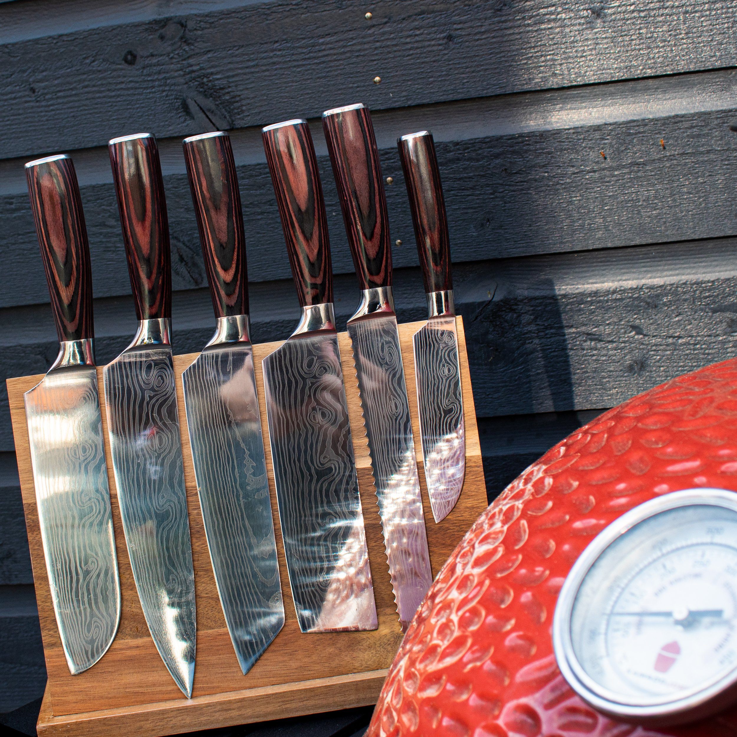 Quality Damascus Print Series 7-piece Knife Set + Acacia Knife Holder