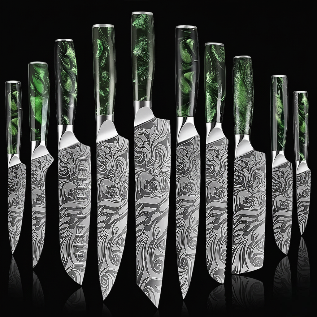 Professional 10-Piece Kitchen Knife Set - Green Resin Handle & High Carbon Steel