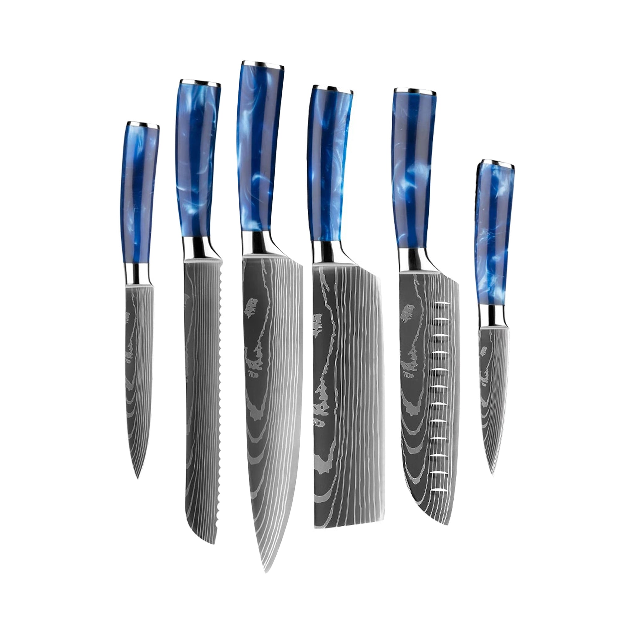 Epoxy Sapphire 6-delige Damascus Print Messenset + Acacia houder enkelzijdig Shinrai Japan 