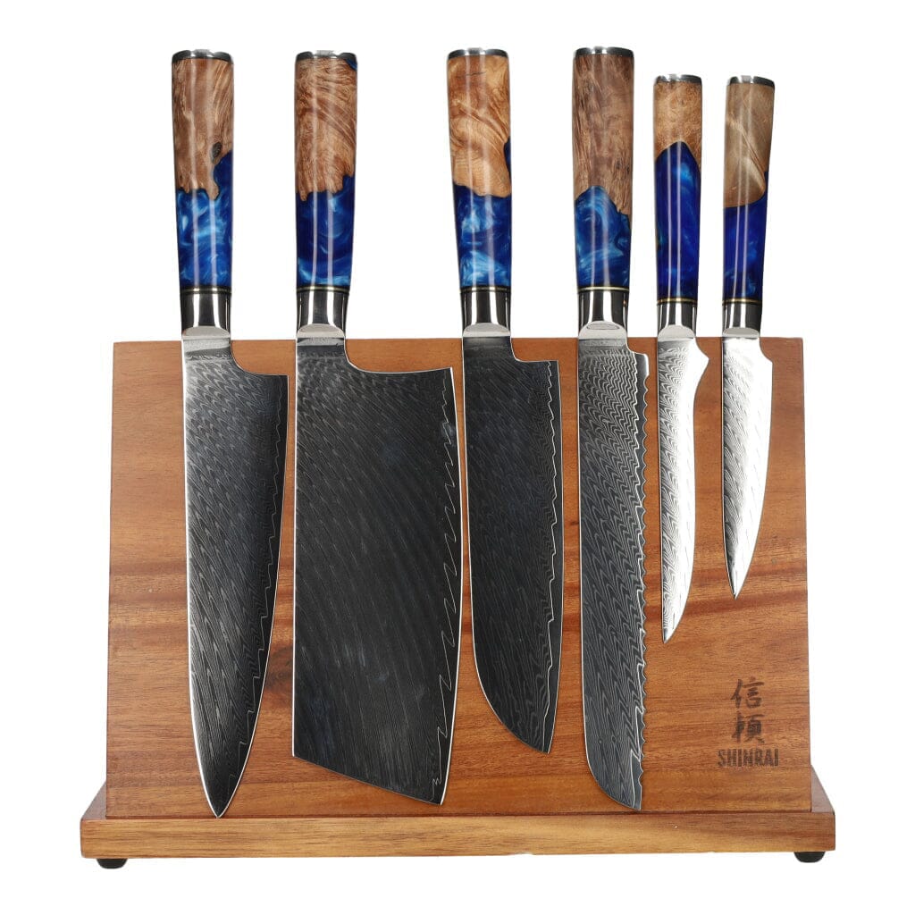 Epoxy Sapphire 6-delige Messenset + Magnetisch Messenblok Messenset met blok Shinrai Knives 