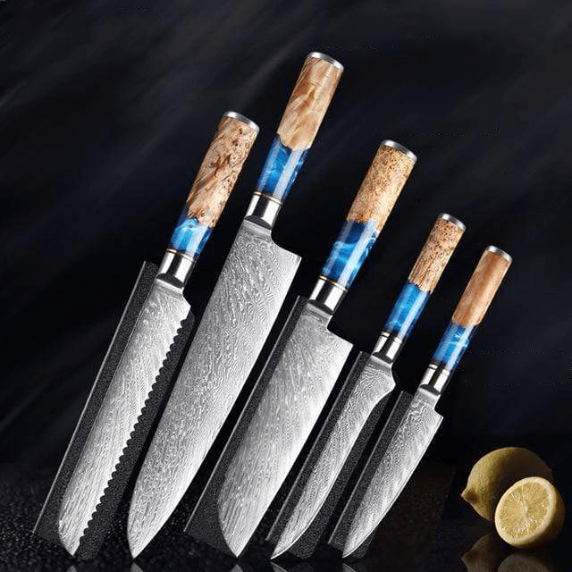 Japanese Damascus Steel Kitchen Knife Set With Resin Handle