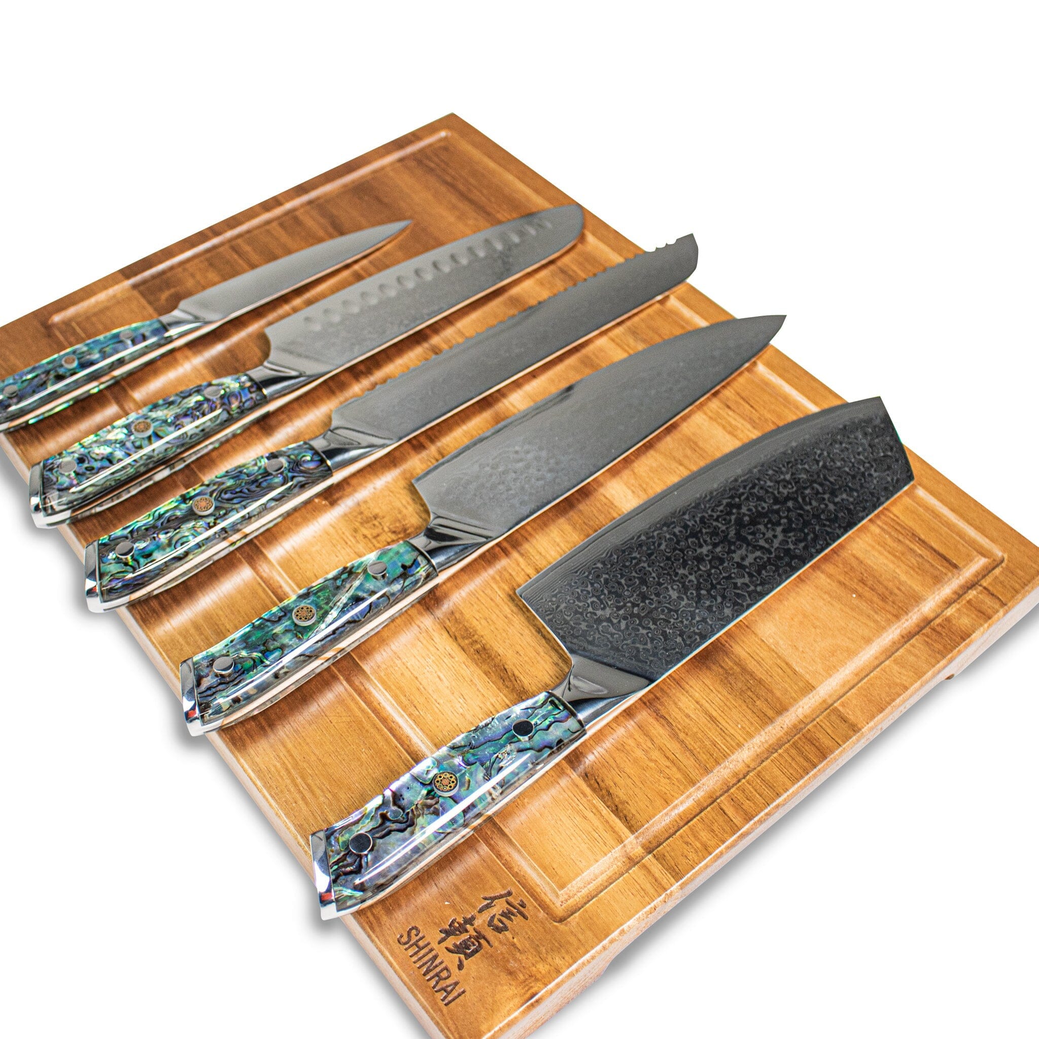 Shinrai Knives - Parelmoer Jewels Serie 5-delige Damascus Messenset Messenset Shinrai Knives 